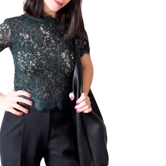 Zara Trafaluc Cropped Lace Top With Short Sleeves and Zipper Back Forest Green - Picture 1 of 5
